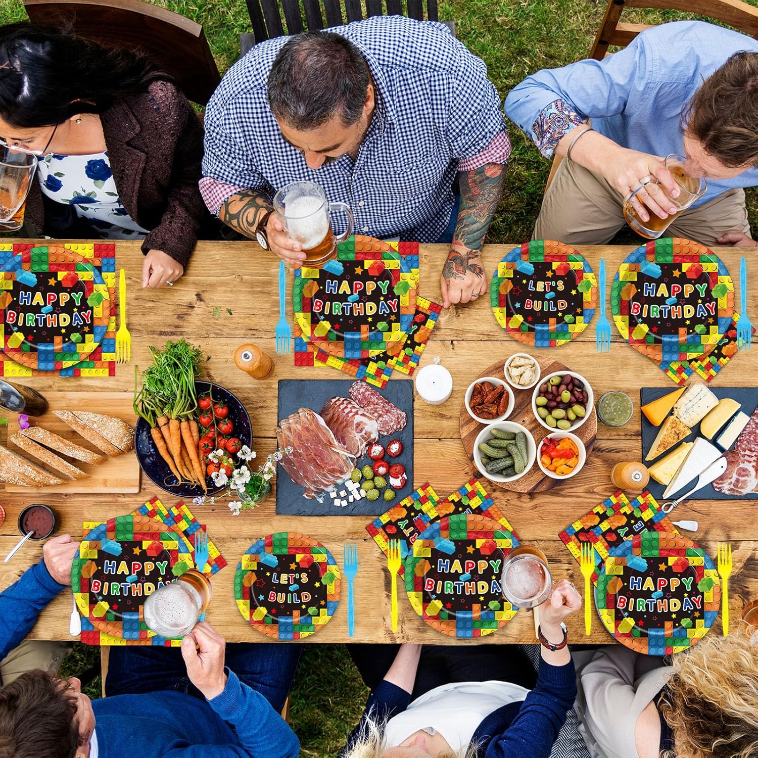200 Pcs Building Block Party Plates Napkins Forks Set