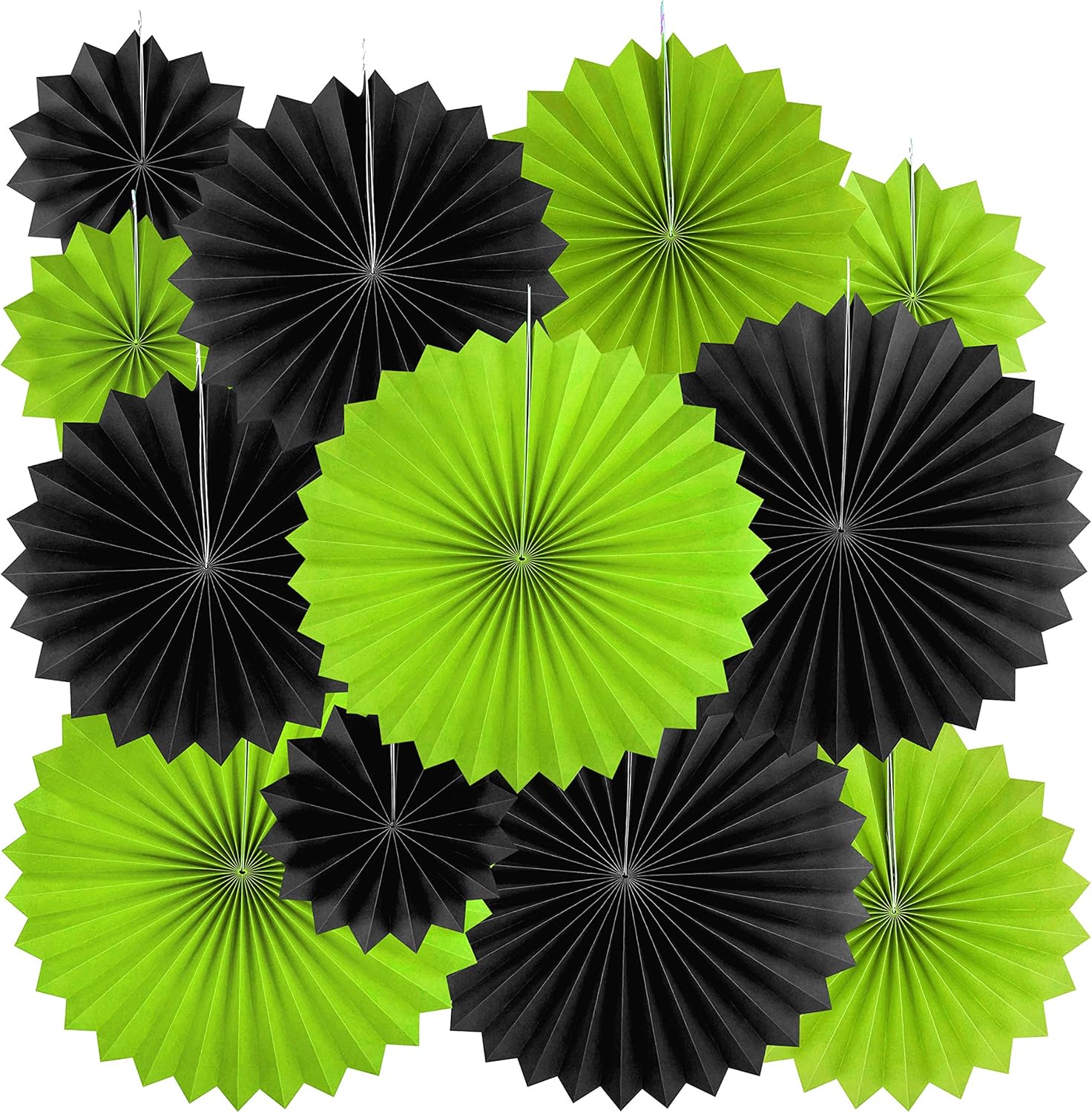 Black Green Party Hanging Paper Fans Decorations - 12pc