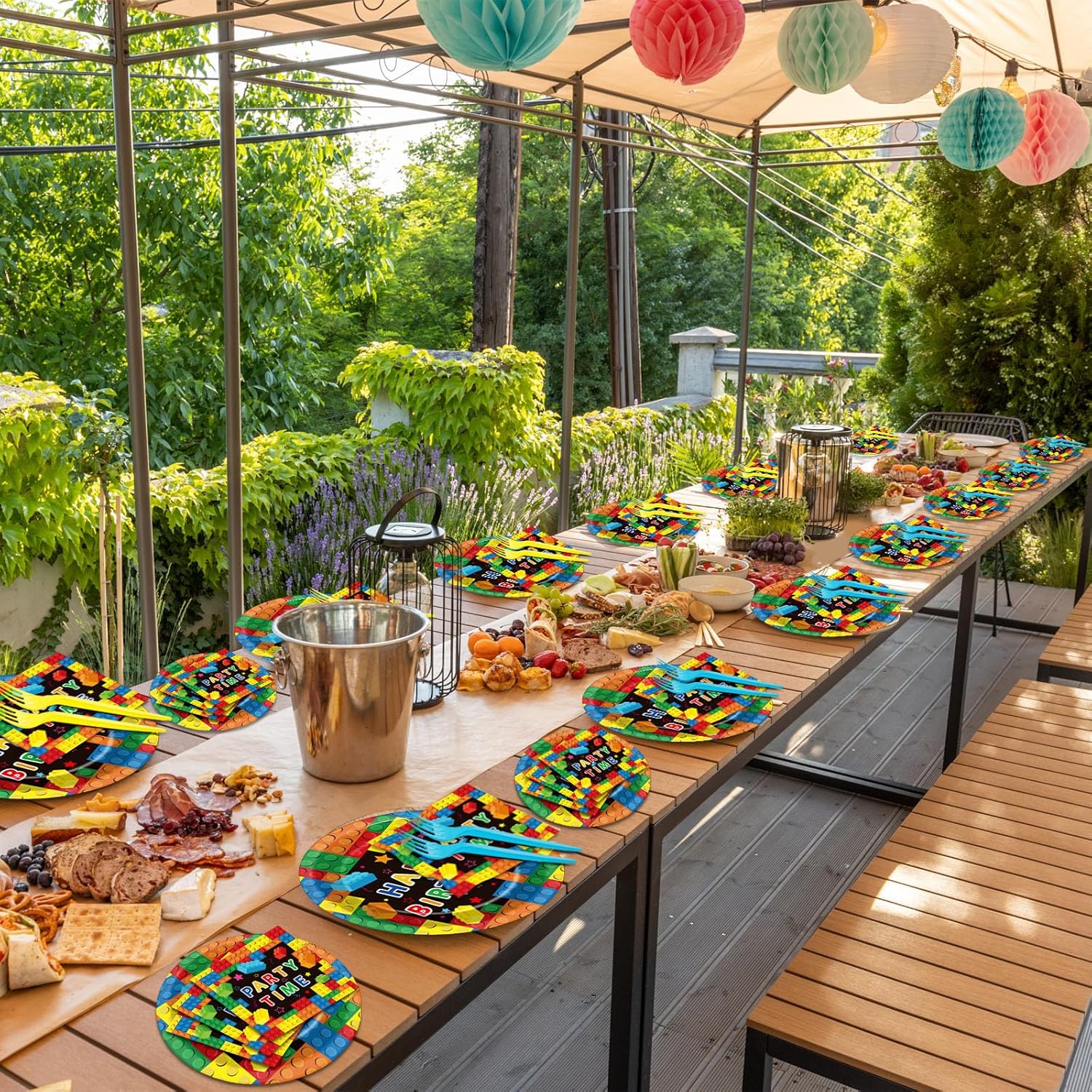 200 Pcs Building Block Party Plates Napkins Forks Set
