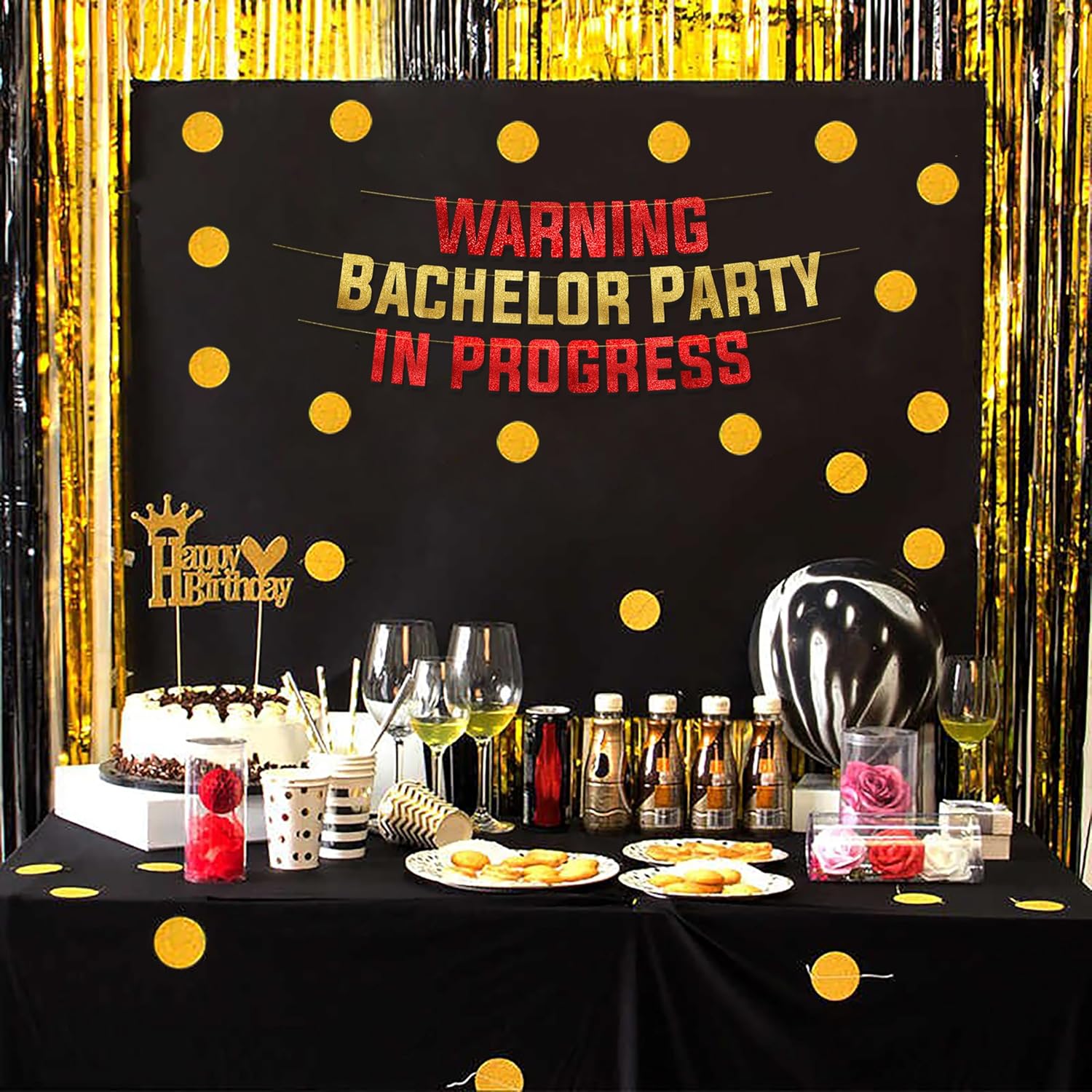 Warning Bachelor Party in Progress Red Gold Glitter Banner