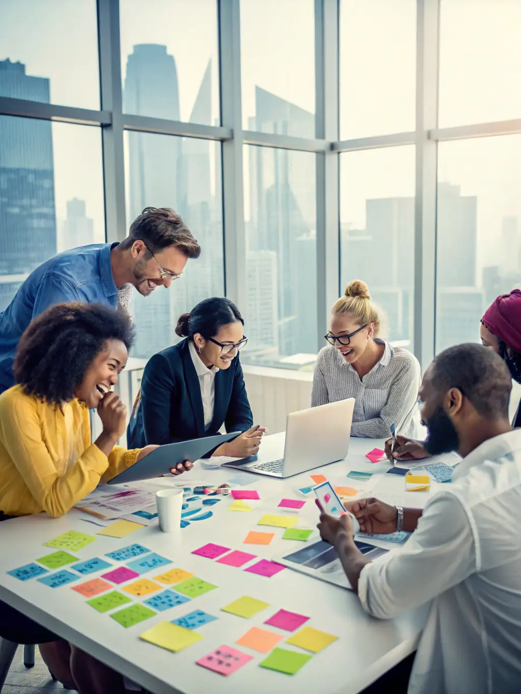A team of consultants brainstorming around a table, with sticky notes and diagrams illustrating process optimization strategies.