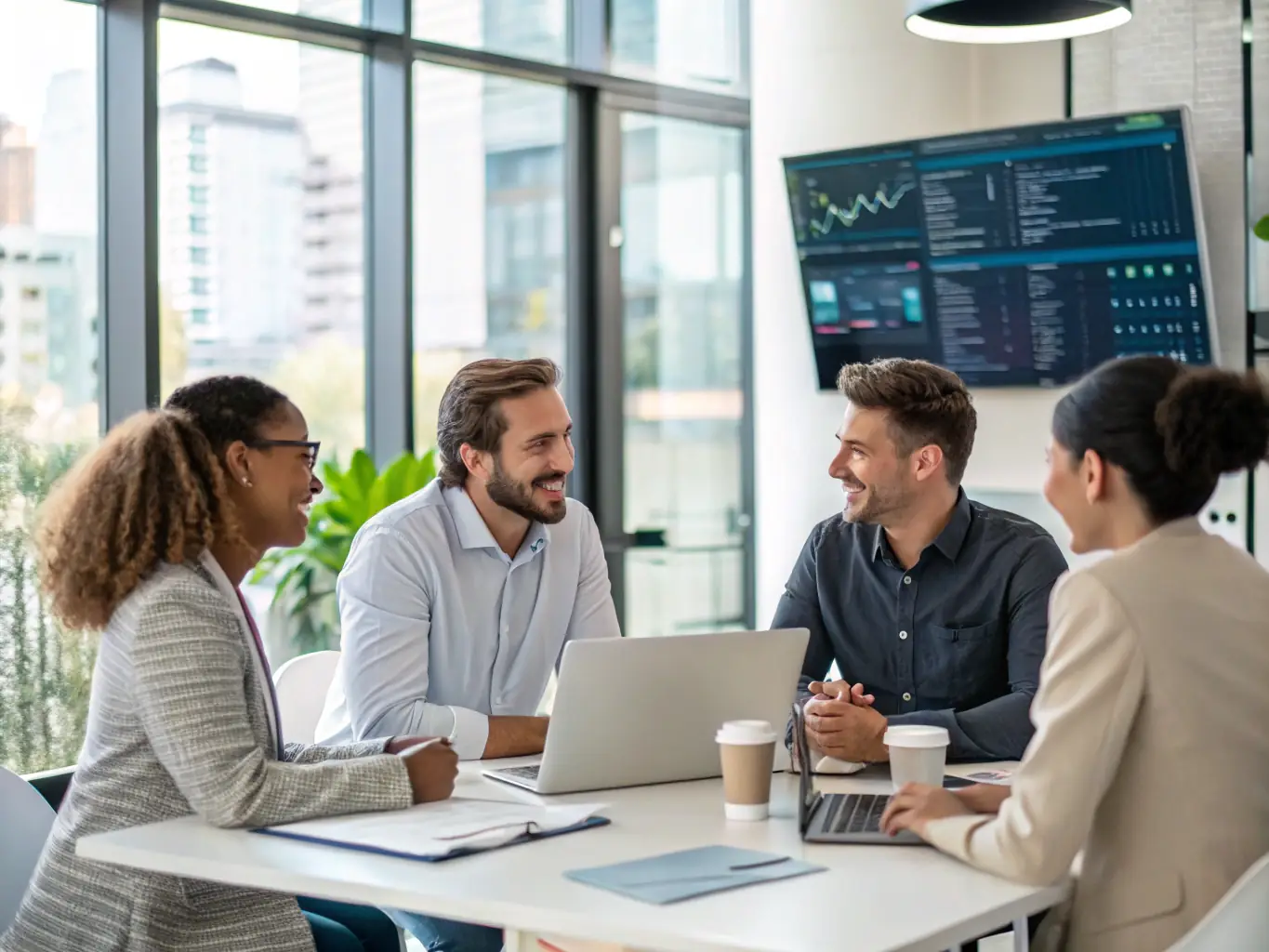 An image showcasing a team of consultants working on a digital transformation strategy with a client, using digital devices and discussing plans in a modern office setting.