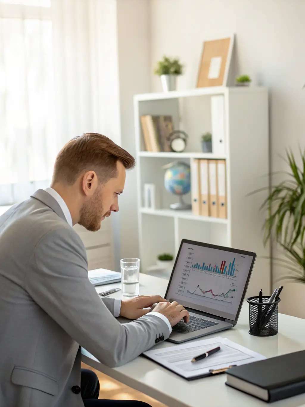 A professional consultant in a modern office setting, analyzing data on a laptop with charts displayed on a large monitor in the background, representing data-driven consulting.