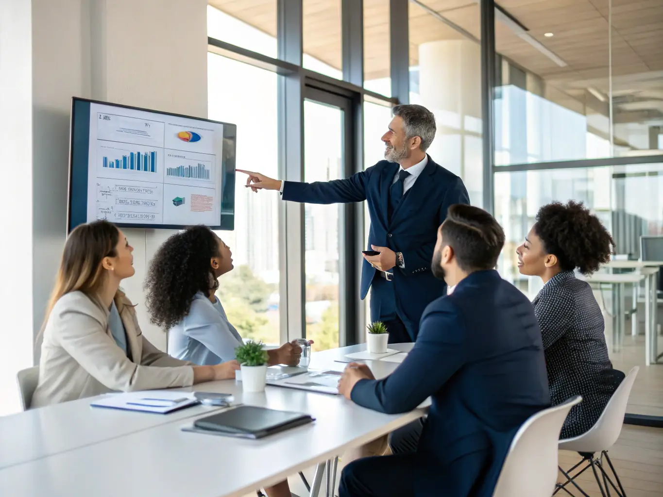 A professional consultant presenting a strategic plan to a client in a boardroom, emphasizing collaboration and innovation.