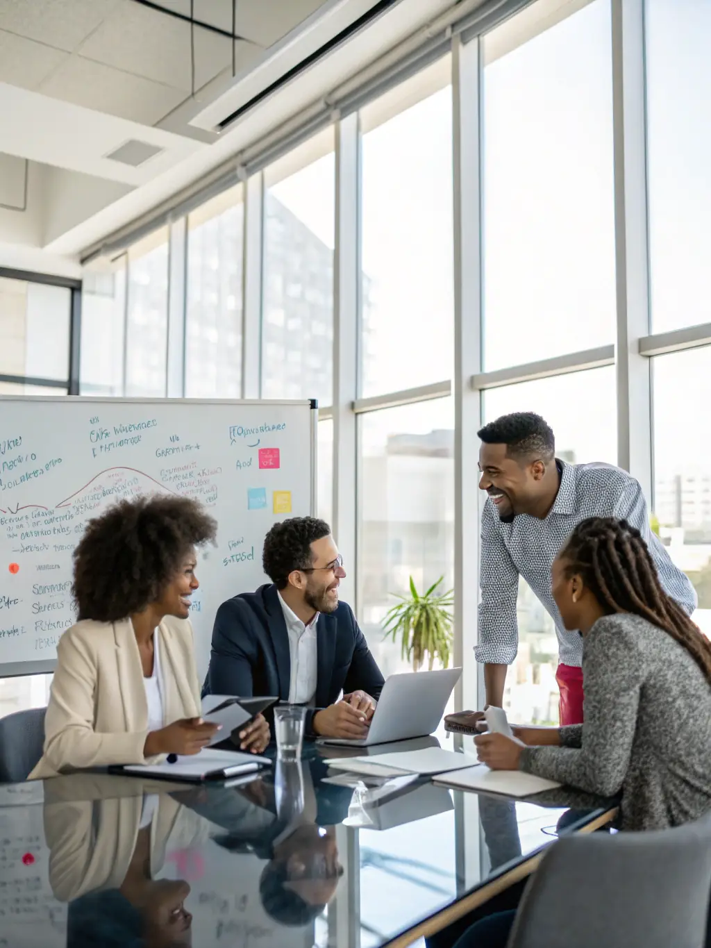 A diverse team of consultants collaborating around a table, brainstorming and developing innovative strategies for a client's business challenge.