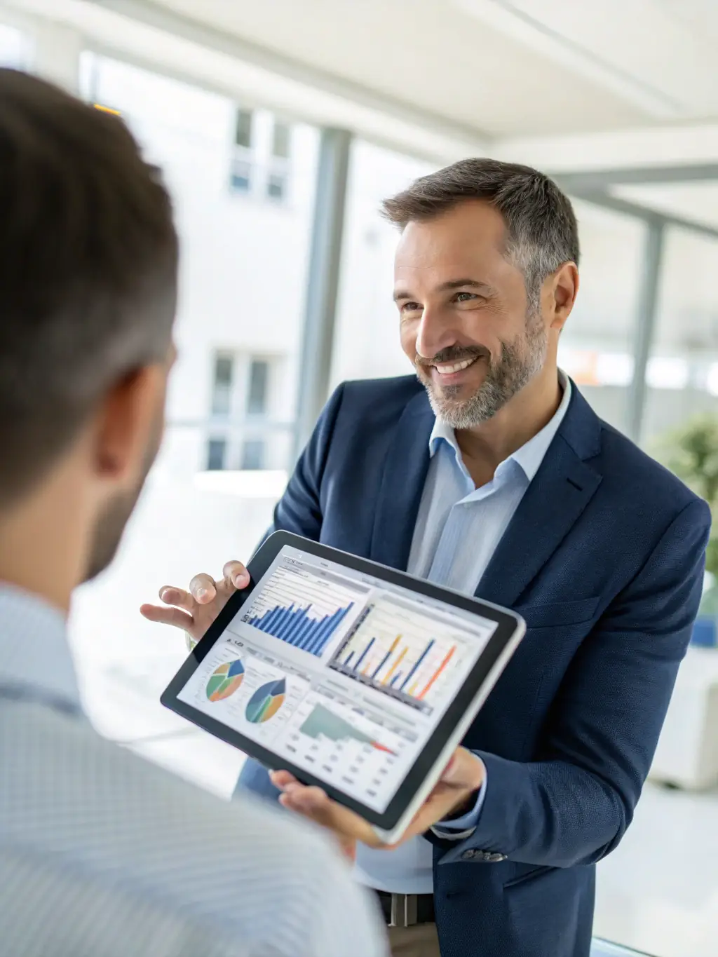 A consultant presenting a digital transformation roadmap to a client, using a tablet to display key milestones and strategies.