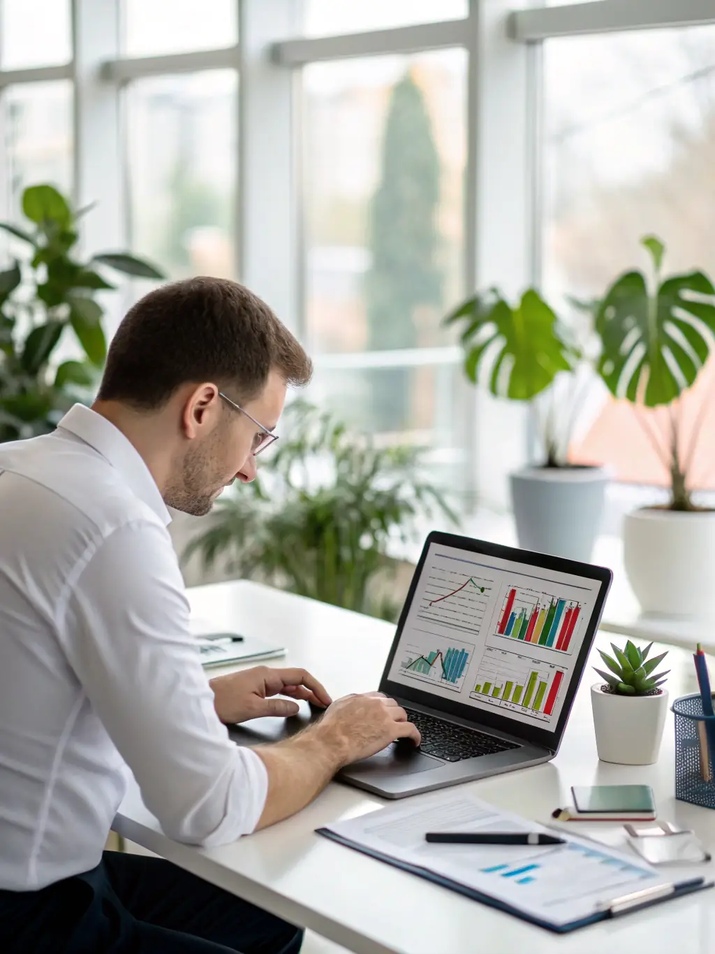 A consultant in a modern office setting, reviewing data analytics dashboards on a large monitor, showcasing data-driven insights.